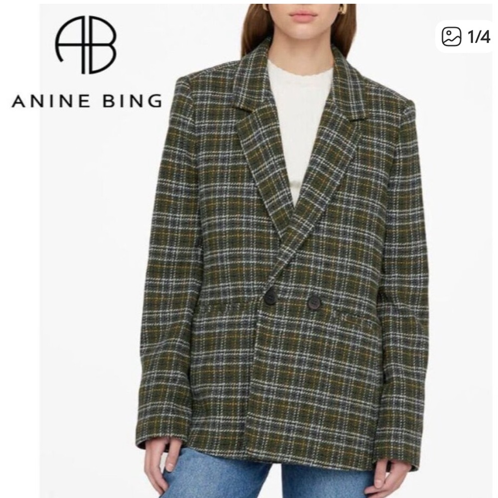 Anine Bing olive plaid double-breasted Madeleine fall blazer, M